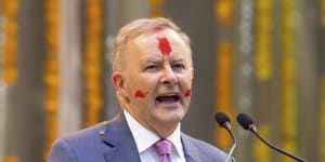 Anthony Albanese makes a speech during his visit to interview in Ahmedabad.
