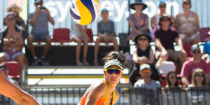 Mariafe Artacho del Solar and Taliqua Clancy playing in world tour event at Manly beach,Sydney,in 2018.