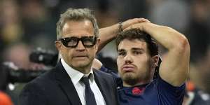 France’s head coach Fabien Galthie and star halfback Antoine Dupont after the loss to South Africa.