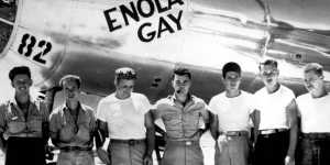 The ground crew of the Enola Gay B29 bomber which bombed Hiroshima stands with pilot Col. Paul W. Tibbets,center,in the Marianas Islands.