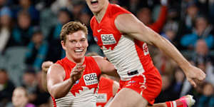 Angus Sheldrick and Chad Warner of the Swans celebrate a goal.