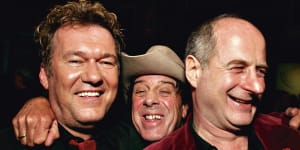 Michael Gudinski (right) with Jimmy Barnes and Molly Meldrum. 