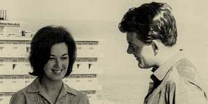 Diamond heiress Mary Oppenheimer and husband,rugby star Gordon Waddell,at the Beirut hotel Phoenicia with the St Georges hotel in the distance in 1965.