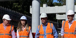 The federal government has added $432 million to share the $864 million in cost-overuns for the stage one ofn the second M1,the Coomera Connection Road between Coomera and Nerang. Pictured is labor senator Murray Watt,local MP and housing minister Meaghan Scanlon,state treasurer Cameron Dick and federal treasurer Jim Chalmers.