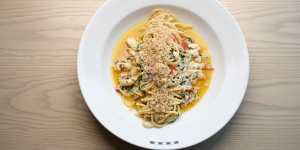 Crab and chilli spaghetti is topped with fried breadcrumbs for textural contrast.