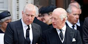 Prince Andrew and King Charles at the funeral of Katharine,the Duchess of Kent,last year.