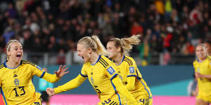 Rebecka Blomqvist celebrates Sweden’s goal.