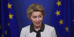 European Commission President Ursula von der Leyen gives a press statement on the Green Deal.