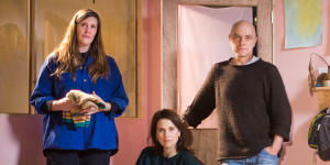 Director and writer Daniel Schlusser with cast members Katherine Tonkin and Mary-Helen Sassman.