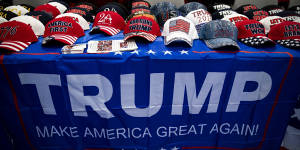 Hats supporting former US President Donald Trump for sale at the Conservative Political Action Conference.