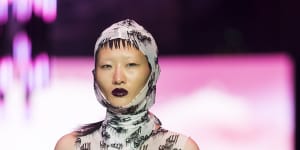 A model showcases designs by NOT A MAN’S DREAM during the Closing Runway at Melbourne Fashion Festival.
