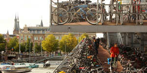 A bike parking facility at Amsterdam Centraal train station.