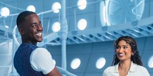 The Doctor (Ncuti Gatwa) and Belinda Chandra (Varada Sethu) on board the Tardis in the new season of Doctor Who. 