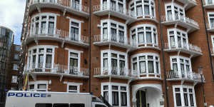 A police van parked outside the Ecuadorian embassy in London after Julian Assange was arrested. 