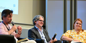 American television producer Frank Spotnitz (centre) on a panel at the 62nd annual Monte-Carlo Television Festival with Norwegian academic Leif Holst Jensen (left) and moderator Mathilde Fiquet (right).