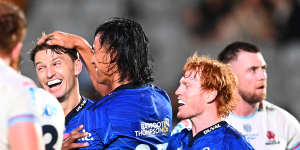 Beauden Barrett and teammates during their last clash with the Waratahs in April. The Blues ran out 55-21 winners. 