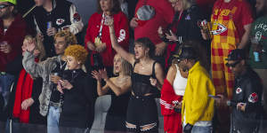 Taylor Swift,centre,wears a corset by Australian Dion Lee at Monday’s Super Bowl.