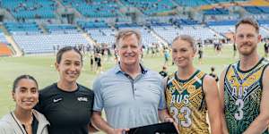 The NFL has arrived in Queensland:(from left to right) Mexico flag football captain Diana Flores,global flag football ambassador Kodie Fuller,NFL commissioner Roger Goodell,Australian women’s star Abbie Leyshon and Australian men’s star Jared Stegman.
