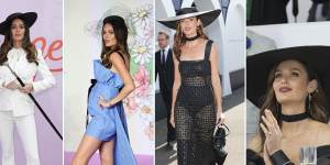 Model Nicole Trunfio made outfit changes a signature at Flemington in 2019,when she was six months’ pregnant (left,second from left),and 2016.