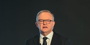 Prime Minister Anthony Albanese speaking at the memorial.