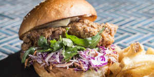 The burger is reinvented each week,five-spice free-range chicken version pictured.