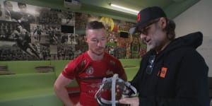 Damien Cook checks out the new NuroCHEK machine which South Sydney are set to trial.
