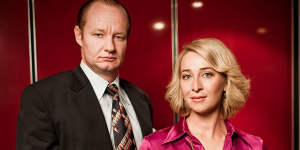 Paper Giants:Rob Carlton as Kerry Packer and Asher Keddie as Ita Buttrose in the TV mini-series.
