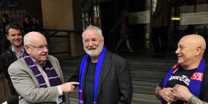 Father Bob Maguire,Twentyman and Angry Anderson on the steps of the Magistrates Court calling for an end to the knife culture developing among young people in Melbourne.