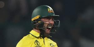 Glenn Maxwell celebrates his century during the match between Australia and Netherlands.