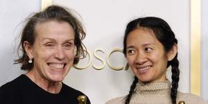 Frances McDormand and Chloe Zhao,winners of Best Picture for Nomadland at the Oscars on Sunday at Union Station in Los Angeles.