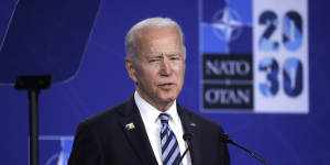 Us President Joe Biden speaks during a media conference during a NATO summit in Brussels.