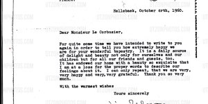 A 1960 letter from Utzon to Le Corbusier in which he describes the tapestry as a'daily source of delight and beauty'. 