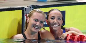 Ariarne Titmus and Lani Pallister after their 400m freestyle final at the Australian Open Swimming Championships. 