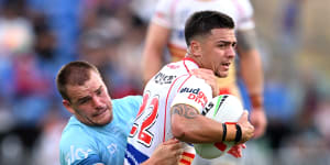 Kodi Nikorima,pictured against the Titans in the first trial,showed some promising signs in the halves against the Warriors.