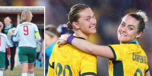 Matildas defenders Clare Hunt and Ellie Carpenter and (inset) as kids playing in Central West NSW. They both now play their club football in France.