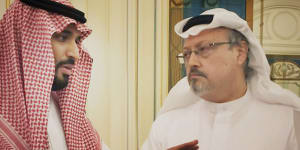 Saudi Crown Prince Mohammed bin Salman,left,and journalist Jamal Khashoggi in a scene from the documentary The Dissident.