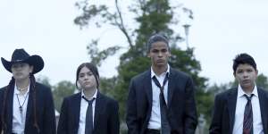 (L-R):Willie Jack (Paulina Alexis),Elora Danan Postoak (Devery Jacobs),Bear (D’Pharaoh Woon-A-Tai) and Cheese (Lane Factor) in Reservation Dogs.