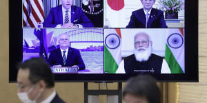 US leader Joe Biden,Japan’s Yoshihide Suga,Australia’s Scott Morrison and India’s Narendra Modi during a virtual Quad meeting hosted by Japan in March.