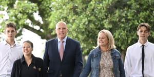 Former defence minister and the federal member for Dickson Peter Dutton with his family (left to right) son Tom,daughter Rebecca,wife Kirilly and son Harry in Brisbane.