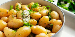 Kipfler potatoes with anchovy,parsley and lemon butter.
