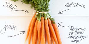 <b>Carrot tops:</b>Waste not! Carrot-top pesto is delicious and thrifty. Jill Dupleix shows how<a href="http://www.goodfood.com.au/recipes/carrottop-pesto-20141013-3hyee"><b>(Recipe here).</b></a>