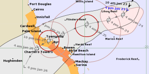 The forecast track map for Tropical Cyclone Kirrily,released by the Bureau of Meteorology at 4.54pm on January 23.