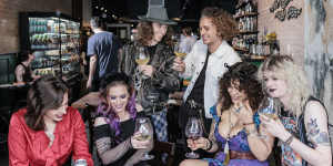 Erin Gates,Elle Brender,Zanzi Belle and Atomic Dom enjoy a sneak peek at Spon,a new bottle shop and bar in Newtown.