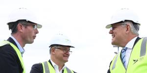 Dominic Perrottet and Scott Morrison at the Western Sydney Airport construction site on November 19.