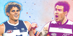 Clash of the titans:Carlton star Charlie Curnow and Geelong forward Jeremy Cameron.