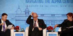 Australian Foreign Minister Marise Payne,right,US Deputy National Security Adviser Matthew Pottinger,left,and Permanent Secretary minister of Defense,Finland,Jukka Justin,centre at the Raisina Dialogue global conference in New Delhi,India. 