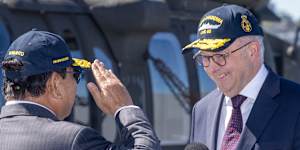 Indonesian President Prabowo Subianto and Prime Minister Anthony Albanese on the flight deck of HMAS Canberra in Sydney,where they announced a defence pact on Wednesday.