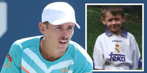 Alex de Minaur at the US Open and as a young boy in Sydney.