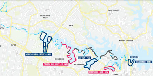 The blue dotted line shows the current foreshore route from Woolloomooloo to West Concord,while the black line shows areas of the foreshore that are currently restricted access. 