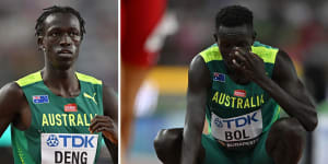 There were mixed fortunes for Australian 800m runners during the heats at the world championships in Budapest. Joseph Deng (left) eased into the semi-final,while Peter Bol (main) missed out on a semi-final berth in his comeback race after his career was halted by a faulty EPO test.